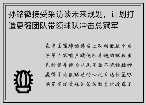 孙铭徽接受采访谈未来规划，计划打造更强团队带领球队冲击总冠军