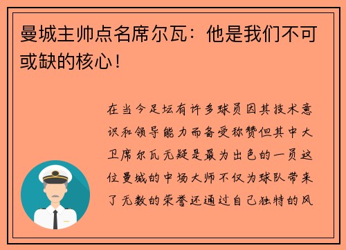 曼城主帅点名席尔瓦：他是我们不可或缺的核心！